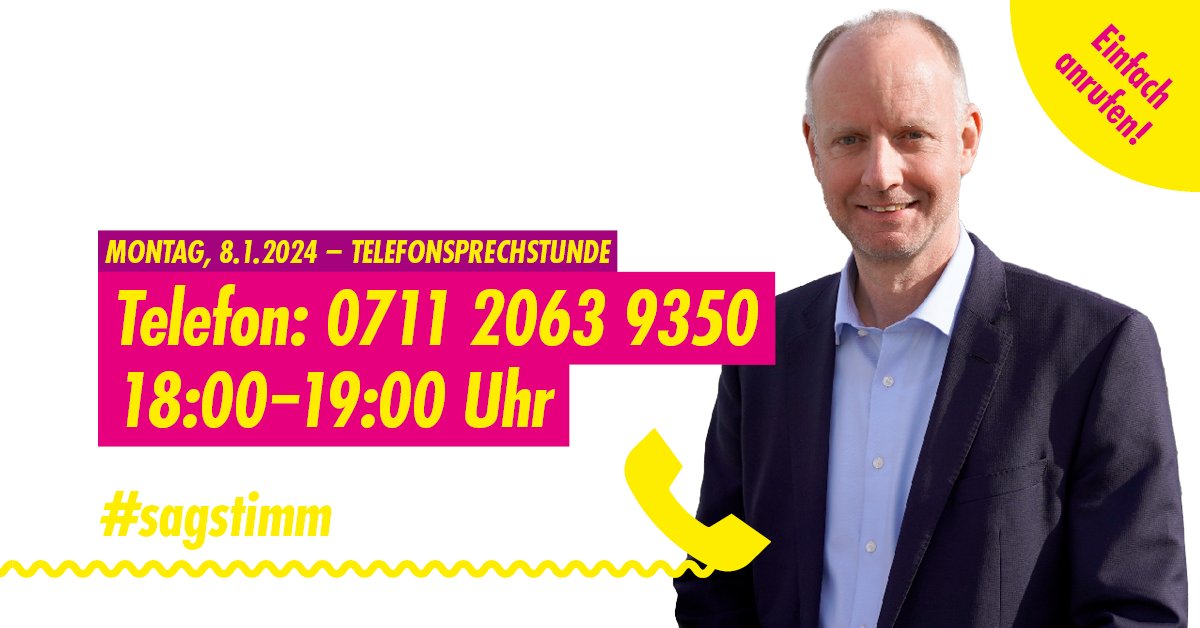 timmkern's tweet photo. Am kommenden Montag, den 8.1.2024, erreicht Ihr mich zwischen 18-19 Uhr bei meiner #telefonsprechstunde #sagstimm. Ich freue mich auf Eure Fragen, Anregungen und Anliegen im Landkreis #Freudenstadt.

📞 Einfach anrufen: 0711 2063 9350 https://t.co/PmhWExejTa