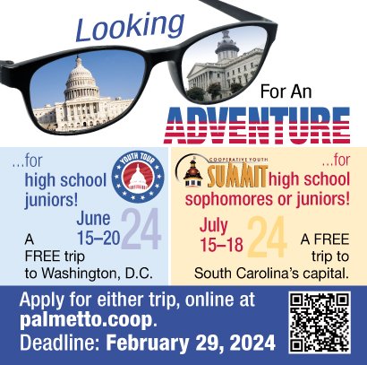 Are you looking for an adventure?! High school sophomores and juniors, don't miss out on these awesome opportunities! Apply now for the Washington Youth Tour and Cooperative Youth Summit, online at palmetto.coop. Deadline to apply is February 29.