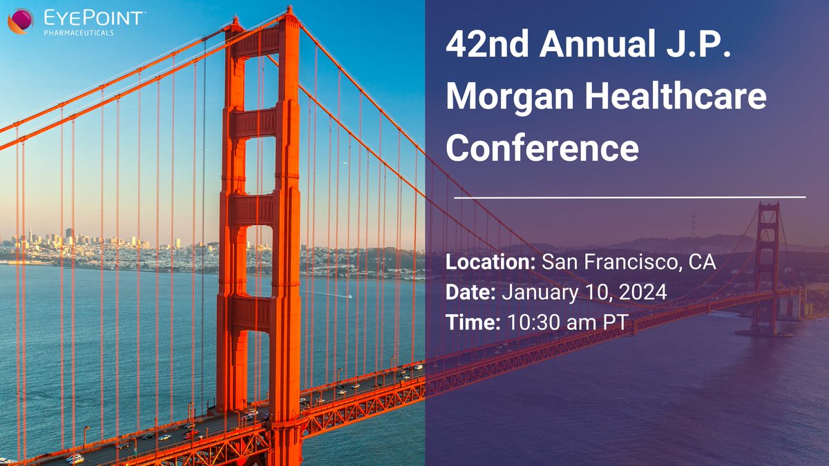 EyePointPharma's tweet photo. Attending #JPM2024? Join us 1/10 at 10:30am PT for a presentation from $EYPT CEO, Jay Duker, MD to hear topline results from our #DAVIO2 trial &amp; the latest on our #RetinaPipeline. #SEE you soon San Francisco! @JPMorgan

#Ophthalmology #News #InvestorNews #wetAMD #Retina https://t.co/jMSkpII9Xe