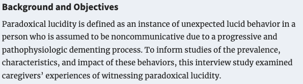 'Caregiver Accounts of Lucid Episodes in Persons with Advanced Dementia,' by @jasonkarlawish, @_APeterson_, Melanie Kleid, @harkinskris, @emily_a_largent, @SDStites, Cameron Coykendall, and Justin Clapp for @geronsociety. bit.ly/48EipZP