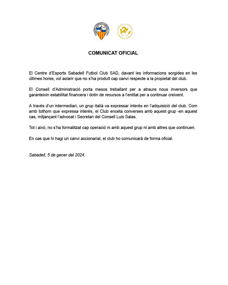 CESabadell's tweet photo. [𝐂𝐎𝐌𝐔𝐍𝐈𝐂𝐀𝐓 𝐎𝐅𝐈𝐂𝐈𝐀𝐋]

➡️ Respecte a les informacions sorgides a les últimes hores

🔗 https://t.co/MyopvlWheS

#CESabadell https://t.co/JNblhWZPs0