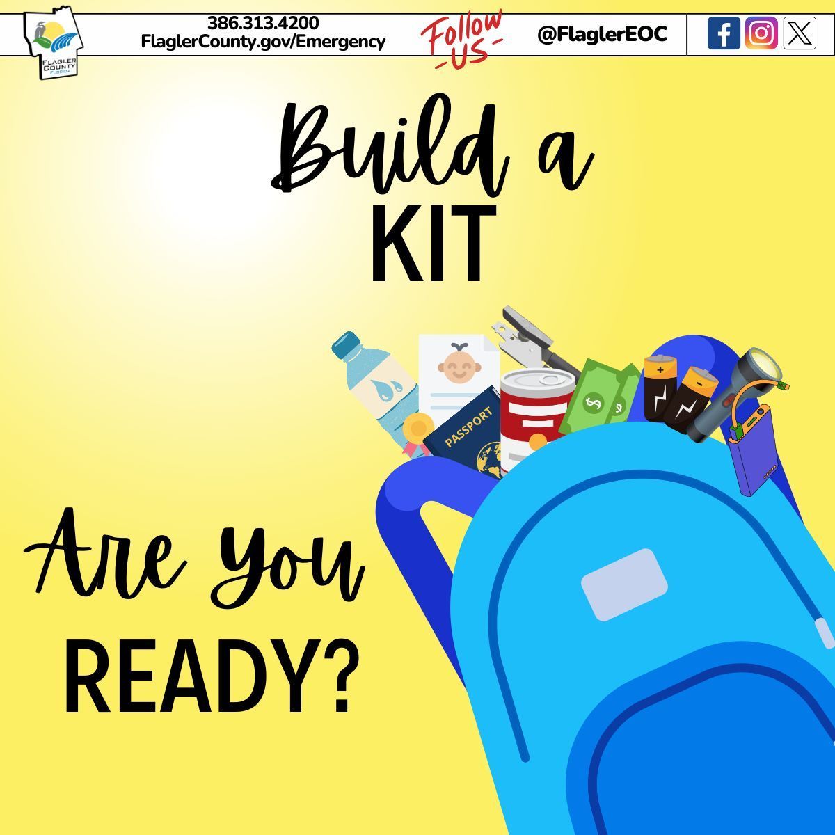 FlaglerEOC's tweet photo. What is an essential in your emergency supply kit?
Building a kit is easy!
Start simple: a backpack with the basics; cash, important documents, water, snacks, battery pack & phone charging cables.
#Flaglercounty #Flagler #beready #buildakit https://t.co/xHf9RFEMHm