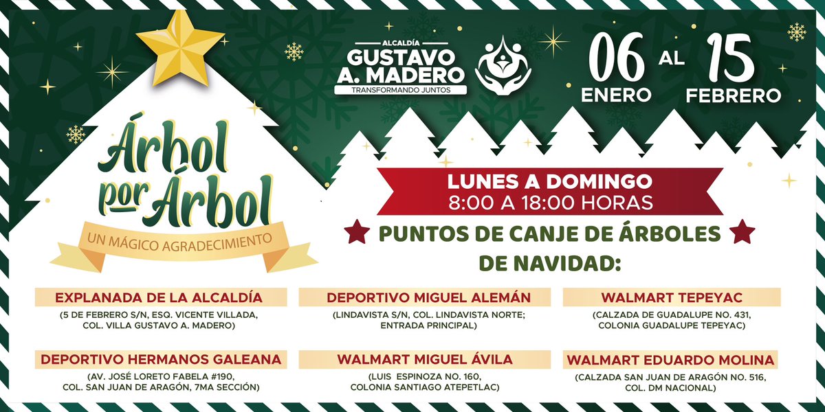 TuAlcaldiaGAM's tweet photo. A partir del 6️⃣ de enero y hasta el 1️⃣5️⃣ de febrero, se pondrá en marcha el programa “Árbol x árbol” 🎄. Podrás intercambiar tu árbol de navidad por una planta ornamental. ¡Recicla! ♻️

✅Verifica el punto de canje más cercano a tu domicilio 👇 https://t.co/S0eeGZBach
