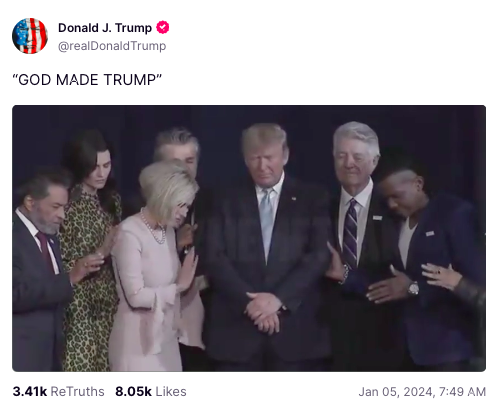 ProjectLincoln's tweet photo. This morning on Truth Social, Trump uploaded a disturbing ad annointing himself a prophet. Make no mistake- God made Trump. As a test. A test these lost Evangelicals are failing terribly. https://t.co/KnOgEvUs4M