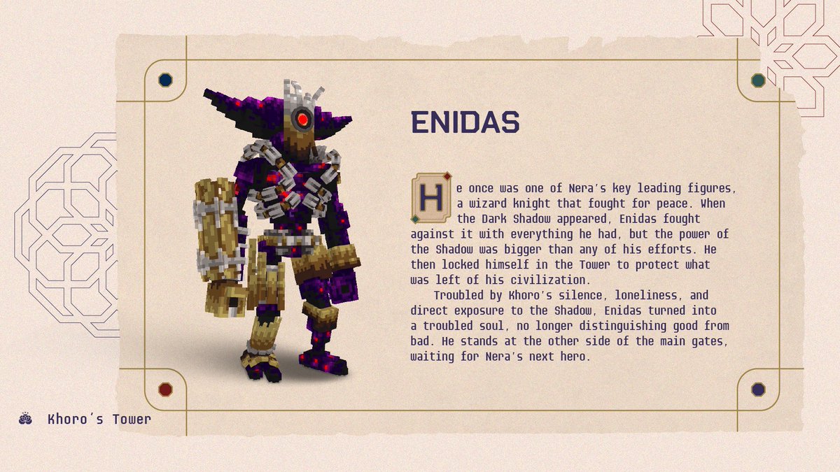 Meet Enidas ⚔️

He is the tormented protector of Khoro's Tower who has been corrupted by the Dark Shadow's power. 

Beware, for Enidas stands ready to confront any who dare approach the tower.

#TheSandbox #Nera #Metaverse #DiscordCommunity #GamingJourney #CommunitySupport #Web3