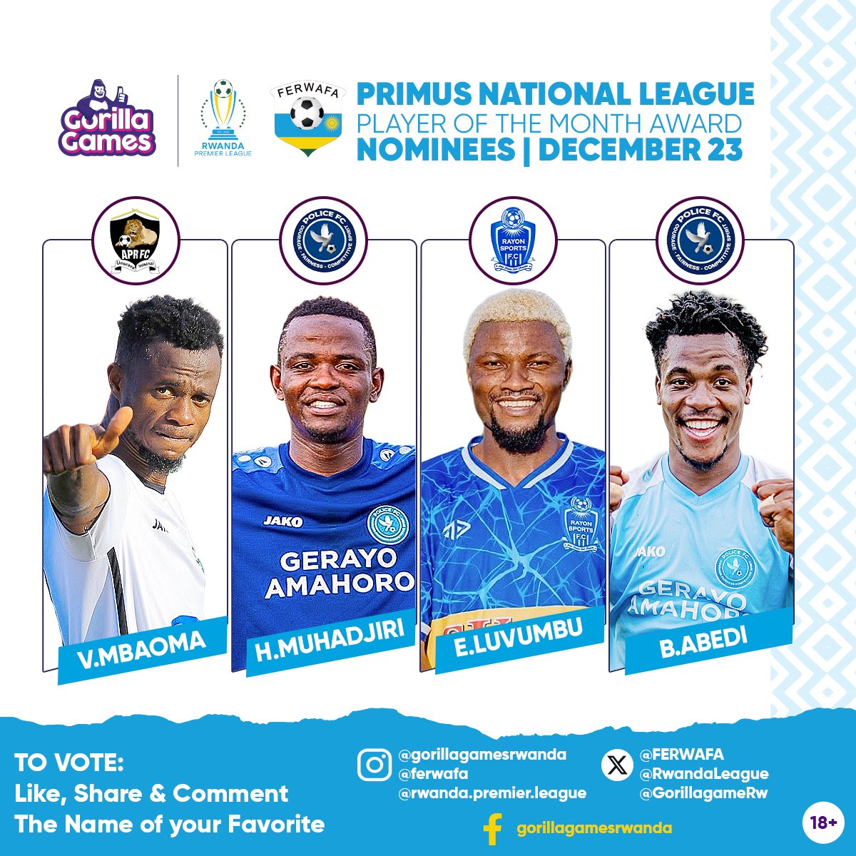 FERWAFA's tweet photo. Gutora umukinnyi w’ukwezi.

Kora like ,retweet ndetse ujye munsi yiyi foto uhitemo umukinnyi uha amahirwe.

Gutora  bizarangira kuwa Gatandatu  tariki 13 Mutarama 2024.
#rplAwards #ruhago https://t.co/SnOIdY6HHF