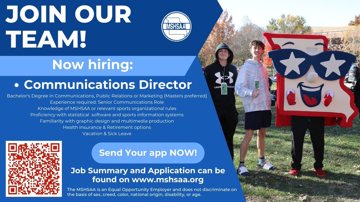 The MSHSAA office is hiring! For more information go to mshsaa.org. bit.ly/41UmFlV