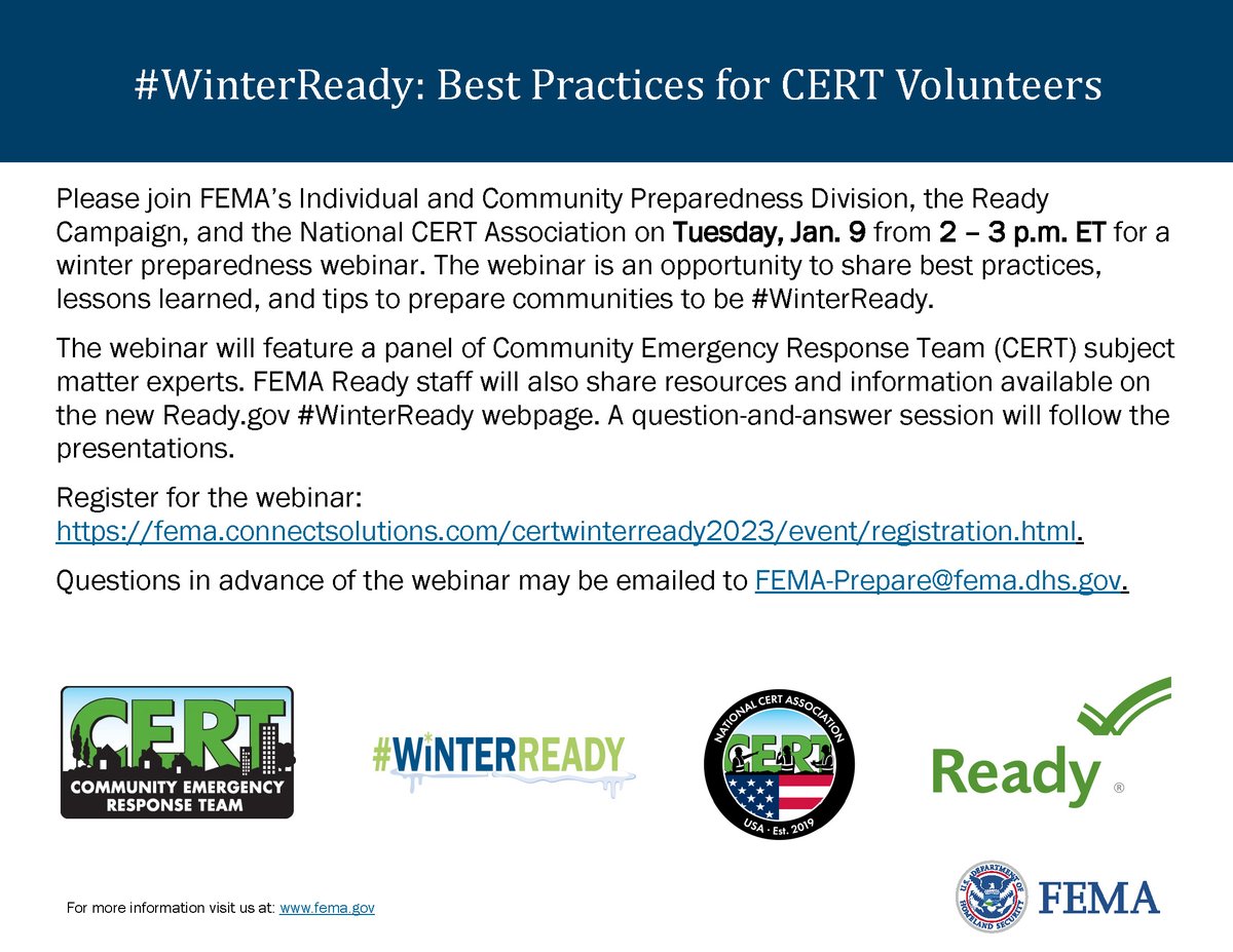 femaregion7's tweet photo. Please join @fema Individual and Community Preparedness Division, the Ready Campaign, &amp; the National CERT Association Tues. January 9th from 2–3pm ET for a winter #preparedness webinar. We'll share best practices, lessons learned, &amp; tips to prepare communities to be #WinterReady. https://t.co/v7g0AnoQRV