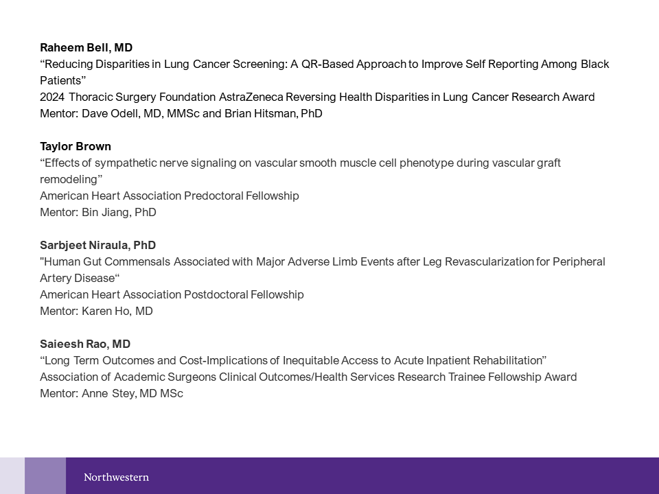 Please join us in congratulating these <a href="/NMSurgery/">Northwestern Surgery</a> <a href="/purplesurg/">NW Gen Surg Residents</a> trainees on their recent funding awards! Keep up the great work <a href="/RaheemBell5/">Raheem Bell, M.D.</a> <a href="/TBrown_VascEng/">Taylor K. Brown</a> <a href="/pc_SjN/">Sarbjeet Niraula, PhD</a> <a href="/SaieeshRao/">Saieesh Rao</a> <a href="/NUFeinbergMed/">Northwestern Feinberg School of Medicine</a> <a href="/McGawGME/">McGaw Medical Center of Northwestern University</a>
