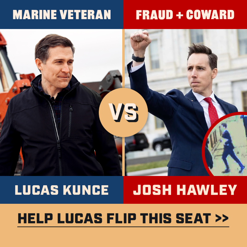 LucasKunceMO's tweet photo. You know Josh Hawley as the coward from Jan 6, 2021. But that’s hardly the first time we’ve seen Hawley run away from his duty.

He led the charge to ban abortion + betrayed working families.

I’m running to replace Hawley in the US Senate. Can you chip in to help me defeat him?