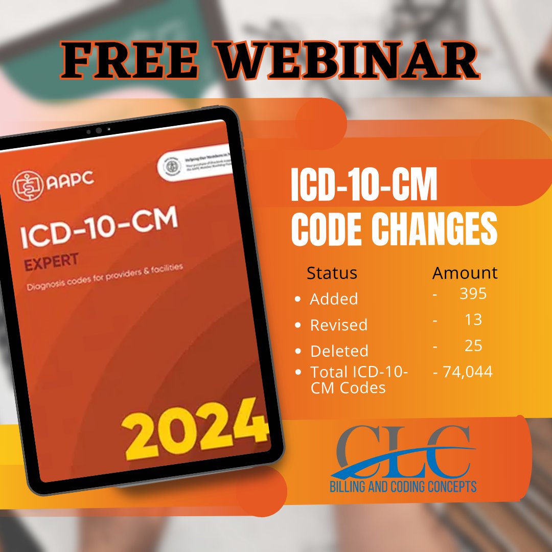 CLC_Concepts's tweet image. Unlock the future of coding! 🚀 Join our FREE 2024 ICD-10-CM Webinar on January 9 at 6pm CST. Secure your spot now at clcconcepts.podia.com. Don't miss out on the latest updates! #ICD10CM #CodingWebinar #FreeEvent