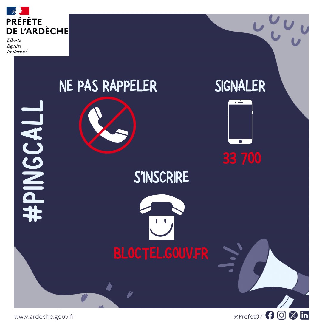 Prefet07's tweet photo. 📞Connaissez-vous l’ #arnaque au #Pingcall ❓

👉Un #numéro vous #appelle en ne laissant #sonner qu'1️⃣ fois, pour vous #inciter à #rappeler ce #numéro, bien entendu #surtaxé.
 
Surtout : 
❌ Ne pas rappeler 
📞 Signaler sur 3️⃣3️⃣7️⃣0️⃣0️⃣
📍 S’inscrire sur https://t.co/uEyTQkD7gg https://t.co/CRAa731FpF
