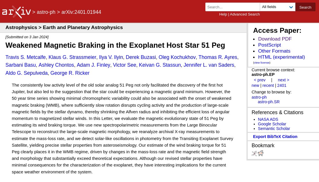 PAPER DAY!

You know the star (51 Peg), but what do you know about its space weather environment?

We derive a magnetic map from <a href="/LBTObs/">LBTObs</a>  spectropolarimetry and stellar properties from <a href="/NASA_TESS/">NASA_TESS</a> asteroseismology.

👉51 Peg shows weakened magnetic braking! arxiv.org/abs/2401.01944