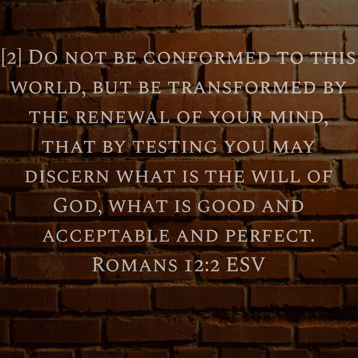 Romans 12:2 ESV
[2] Do not be conformed to this world, but be transformed by the renewal of your mind, that by testing you may discern what is the will of God, what is good and acceptable and perfect.

bible.com/bible/59/rom.1…