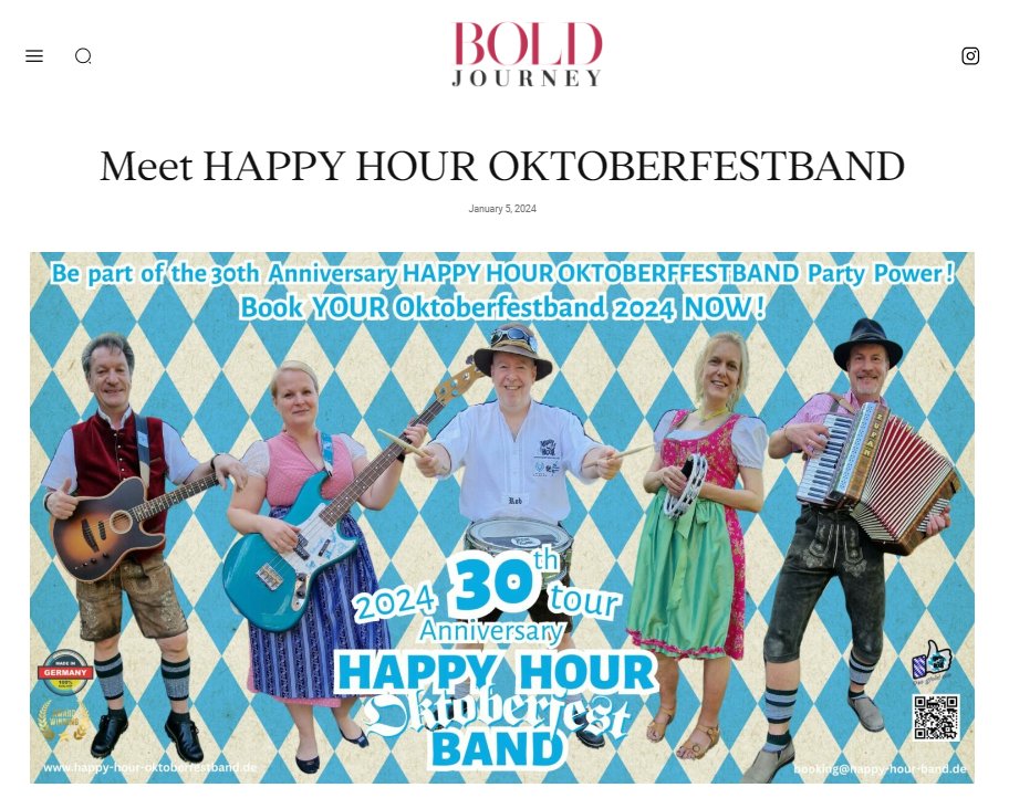 Thank you very much @boldjourneymag for featuring us and our story! boldjourney.com/meet-happy-hou… #boldjourneymag #happyhourpartyband #bavarianambassadors #happyhouroktoberfestband #bavarianband #germanband #oktoberfestband #30thanniversary #tour2024 #thx #prost