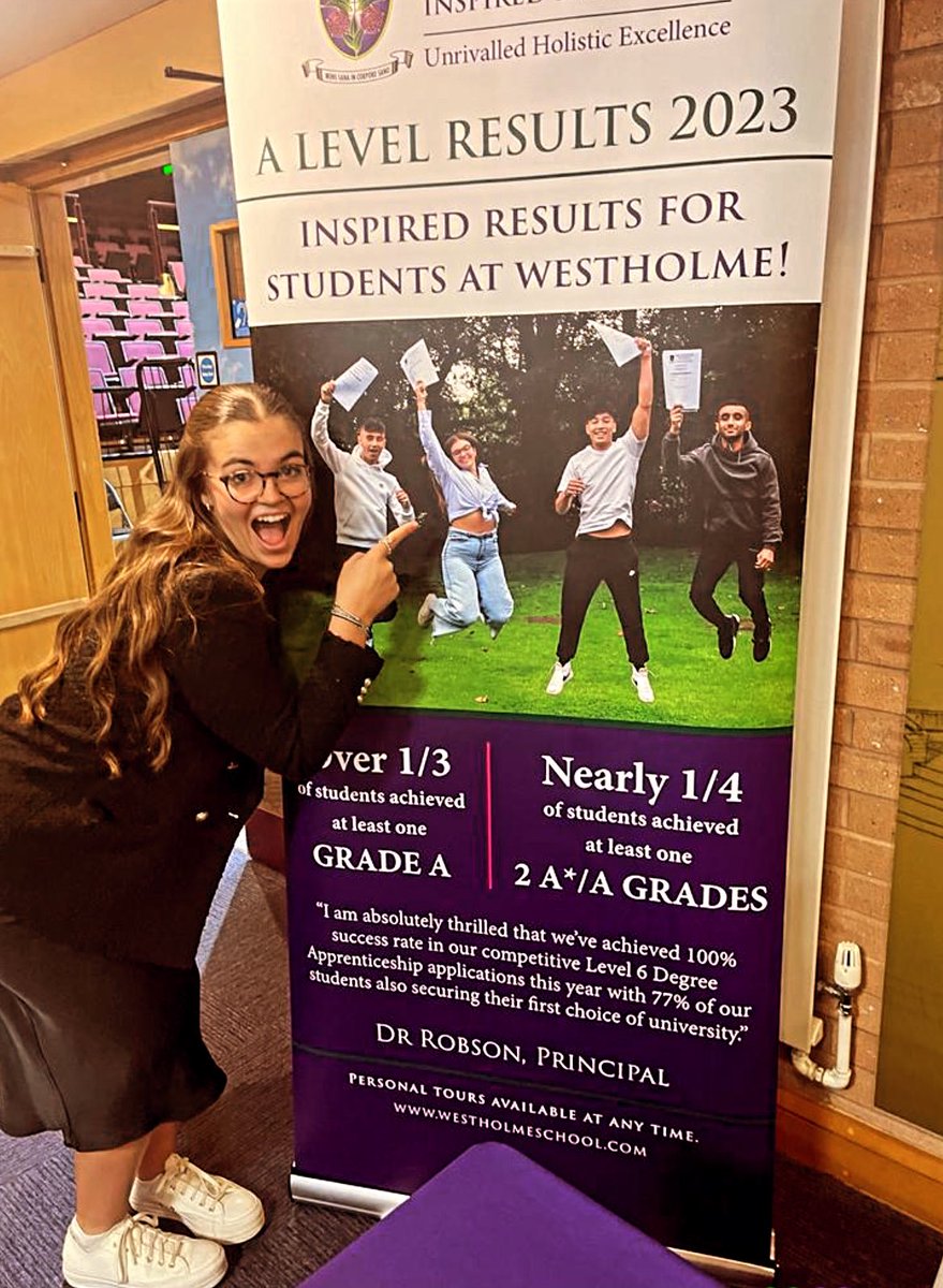 molljoxo's tweet photo. Always lovely to be back at my favourite place! I receive my a-level certificates and saw I made it on to a school billboard… what’s not to love?💜💚@WestholmeSchool https://t.co/MDmySf2Qow
