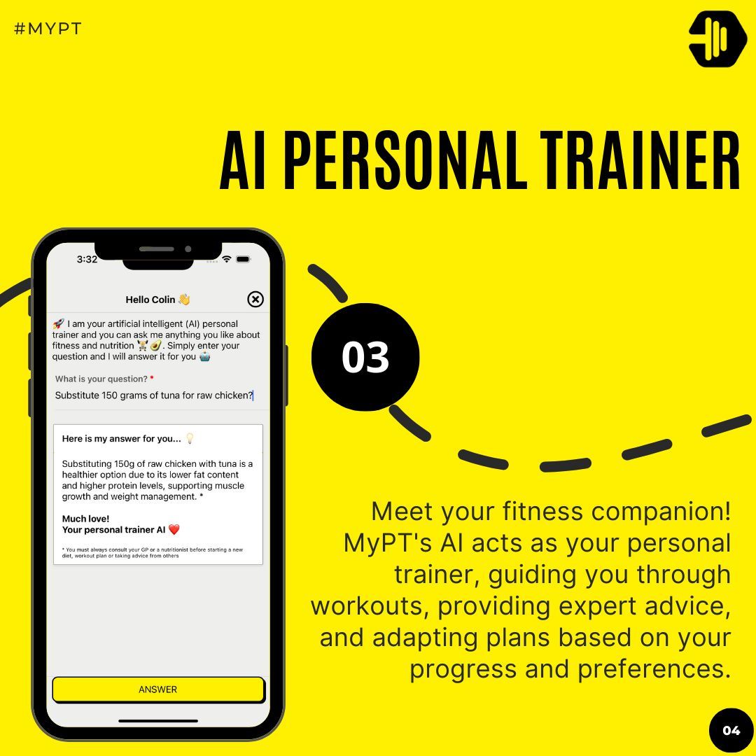 🌟 Elevate Your Fitness with MyPT – Four Key Advantages! 🏋️‍♂️

Unlock a new era of fitness excellence with MyPT, where personalisation, accuracy, flexibility, and accountability take center stage! Here's why MyPT stands out #mypt #fitnessapp #precisionnutrition #dynamicworkouts #AI