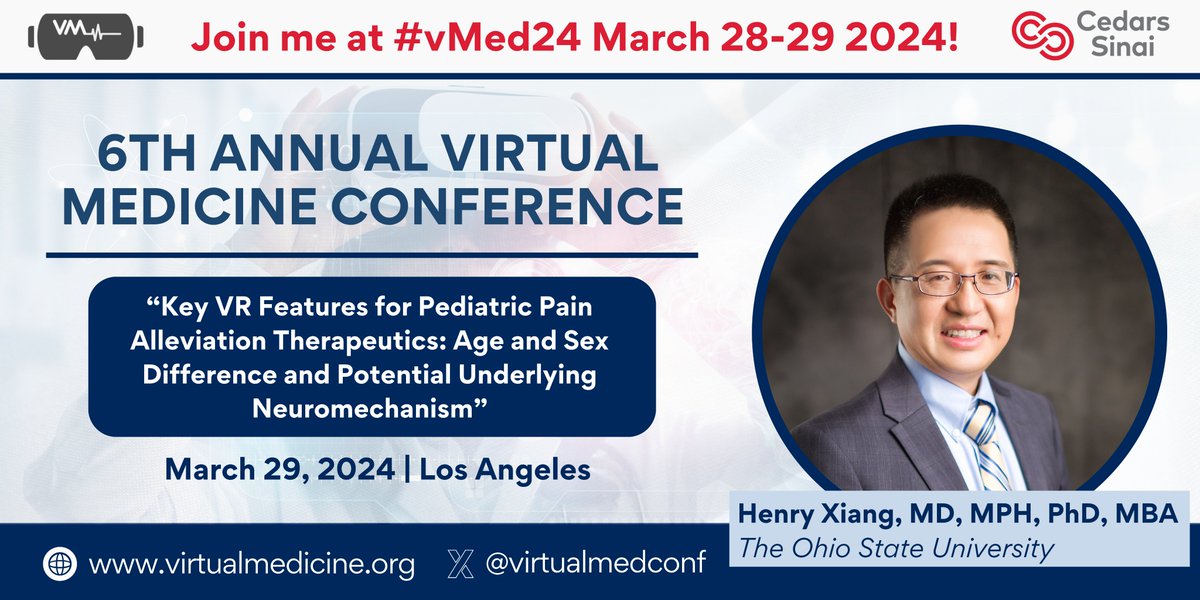 🔊We're thrilled to announce that Henry Xiang, MD, PhD, from Ohio State University will be joining us this year at #vMed24 to discuss how differences in demographics yield differences in #VR pain alleviation outcomes for pediatric patients!