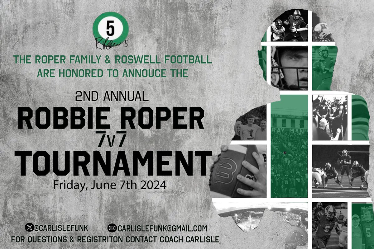 Roswell (@well_madell5) on Twitter photo Roswell HS is hosting the 2nd Annual Robbie Roper 7v7 Tournament on June 7. If you’re interested in participating please contact Coach Carlisle at carlislefunk@gmail.com for any questions and registration. All proceeds go towards the Robbie Roper Foundation.
#LL5💚 Roswell HS is hosting the 2nd Annual Robbie Roper 7v7 Tournament on June 7. If you’re interested in participating please contact Coach Carlisle at carlislefunk@gmail.com for any questions and registration. All proceeds go towards the Robbie Roper Foundation.
#LL5💚