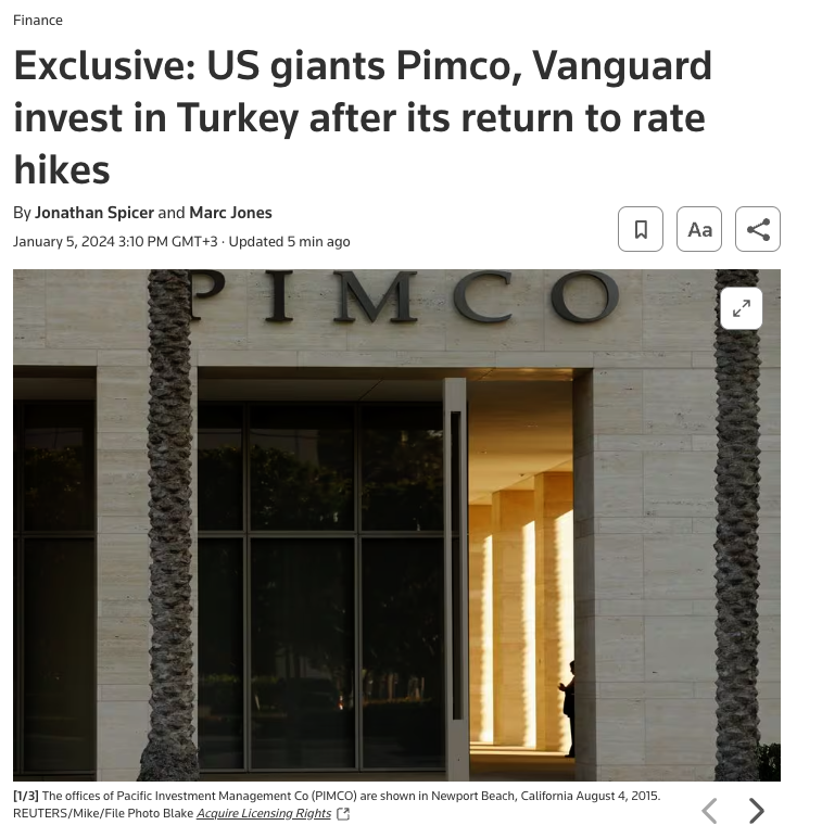 Dünyanın en büyük fonlarından Pimco ve Vanguard BIST'e yavaştan girme kararı almış. Haberde hisse geçmese de, PIMCO 'nun goü ETF'inde Türkiye'den şu hisseler bulunuyor: #TTKOM #TCELL #SISE #AYGAZ #TUPRS Bankalar #AGHOL #SAHOL #ENJSA VANGUARD tarafında ise şunlar var: #TUPRS