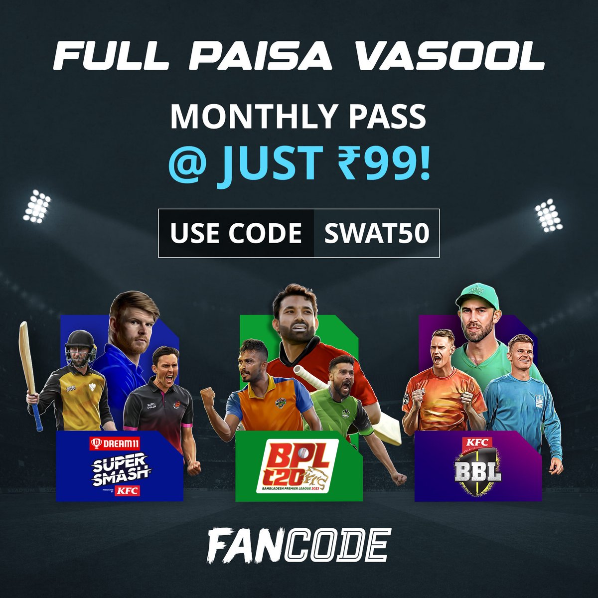 swatic12's tweet photo. Score big savings this January! Get 50% off on FanCode's monthly pass to unlock all the thrilling sports action! Use my Code SWAT50 to get monthly pass @ 99 rs only 🎉
https://t.co/efZbBLGdpt https://t.co/K6xoBXPpjo