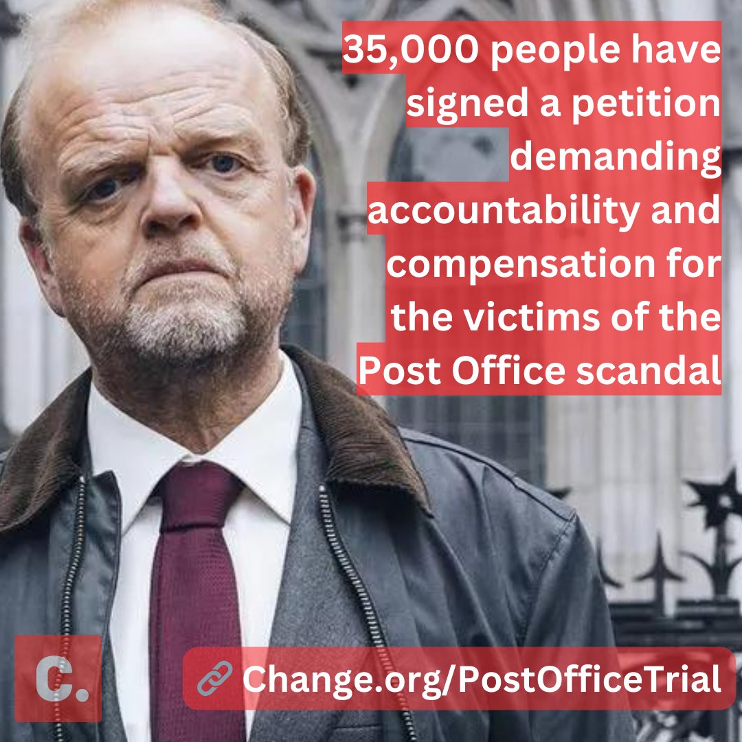 🔥 35,000 people have now signed a petition demanding accountability and compensation for the victims of the #PostOfficeScandal The scandal was the basis for @ITV drama #MrBatesvsPostOffice Find out more: change.org/postofficetrial