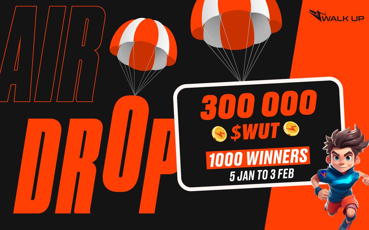 🔥 MASSIVE AIRDROP WITH WALK UP x <a href="/Airdrop6_com/">Airdrop6.com</a>

A juicy reward for our massive kickoff event for 2024. 

🎁 TOTAL POOL PRIZE: ~ 300,000 $WUT
🗓 Time: 5 Jan - 3 Feb
👥 Winners: 1000 total winners
🔗 Airdrop Link: t.me/WalkUpAirdropB…

 #airdrop #giveaway #polygon #walkup