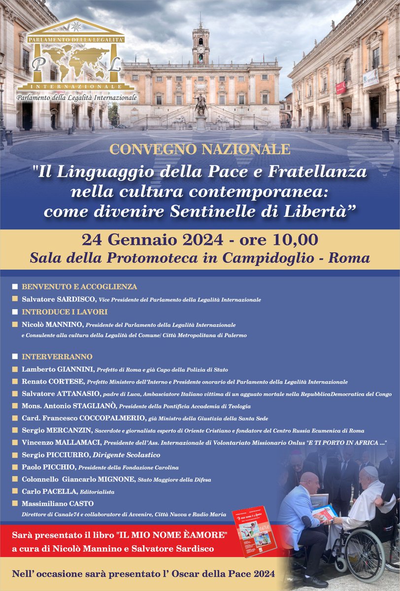 beagle2012's tweet photo. Invito di partecipazione all’evento culturale che si terrà presso la Sala della Protomoteca in Campidoglio (Roma) il giorno 24 gennaio 2024, ore 10, in occasione del Convegno Nazionale sul tema della Pace e Legalità. https://t.co/YO4aZyLiDY