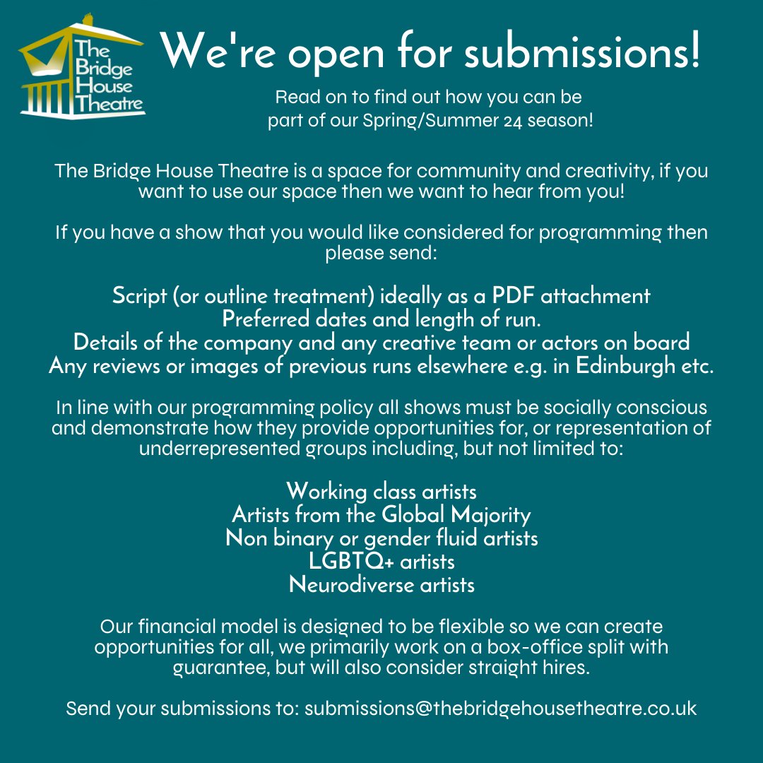 PengeTheatre's tweet photo. We still have some slots available in our 24 season!
If you're looking for a home for your show then we want to hear from you!
Email submissions@thebridgehousetheatre.co.uk with details of your show and how it meets our programming policy and we can take it from there! https://t.co/OlWAgEHImW