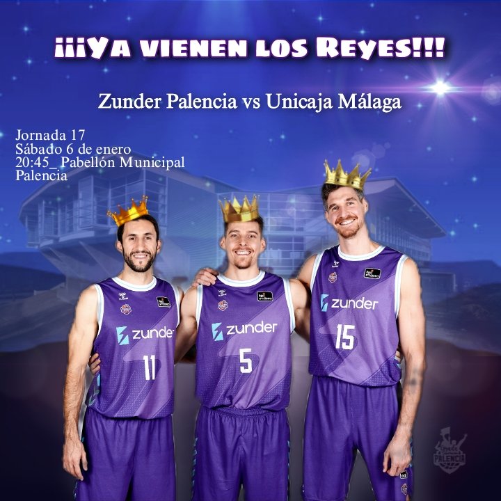 ¡¡¡Ya vienen los Reyes!!! 👑👑👑
Y nos traen un partidazo y otro lleno más para arropar a @ZunderPalencia ✨️
🧩Jornada 17
📆Sábado 6 de enero
🕕20:45
🆚️@unicajaCB
🏟Pabellón Municipal de Palencia 
💜#SentimientoPalentino