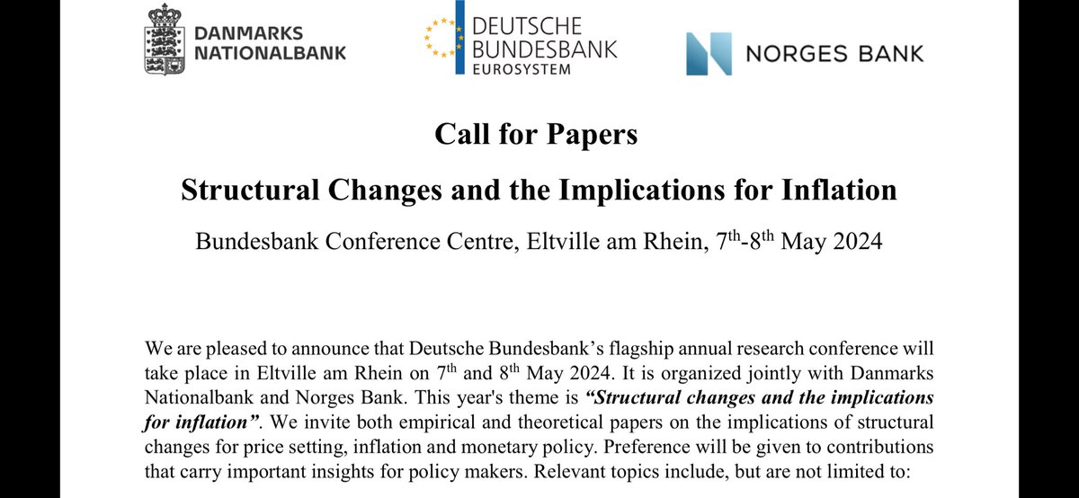 It a freezing cold in Oslo now but do not forget to submit to the annual @NorgesBank joint conference with @bundesbank and @nationalbanken in Frankfurt on May 7-8 with @ludwigstraub and @CarolinPflueger Deadline is January 15. bundesbank.de/resource/blob/…