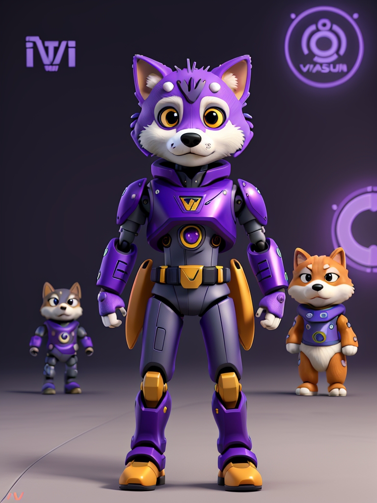 dyefrie's tweet photo. my AI images for @AnyInuCoin 
prompt:
cyborg theme robot shiba inu, ultra detailed purple robotic head, purple fur, full body pose, virtual arena background, robotic uniform, crypto coin mascot "any inu"

Software:
Leonardo AI
> 3D Animation Style
$AI #AI #AIarmy https://t.co/yJrzm9dOCl