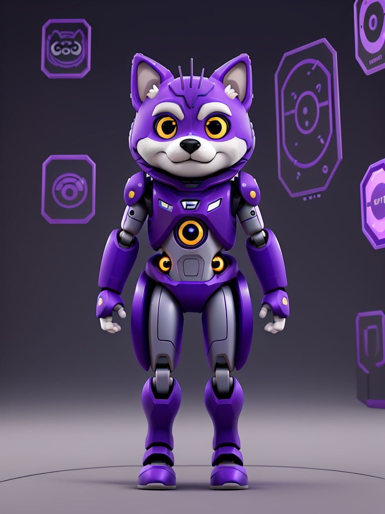 dyefrie's tweet photo. my AI images for @AnyInuCoin 
prompt:
cyborg theme robot shiba inu, ultra detailed purple robotic head, purple fur, full body pose, virtual arena background, robotic uniform, crypto coin mascot "any inu"

Software:
Leonardo AI
> 3D Animation Style
$AI #AI #AIarmy https://t.co/yJrzm9dOCl