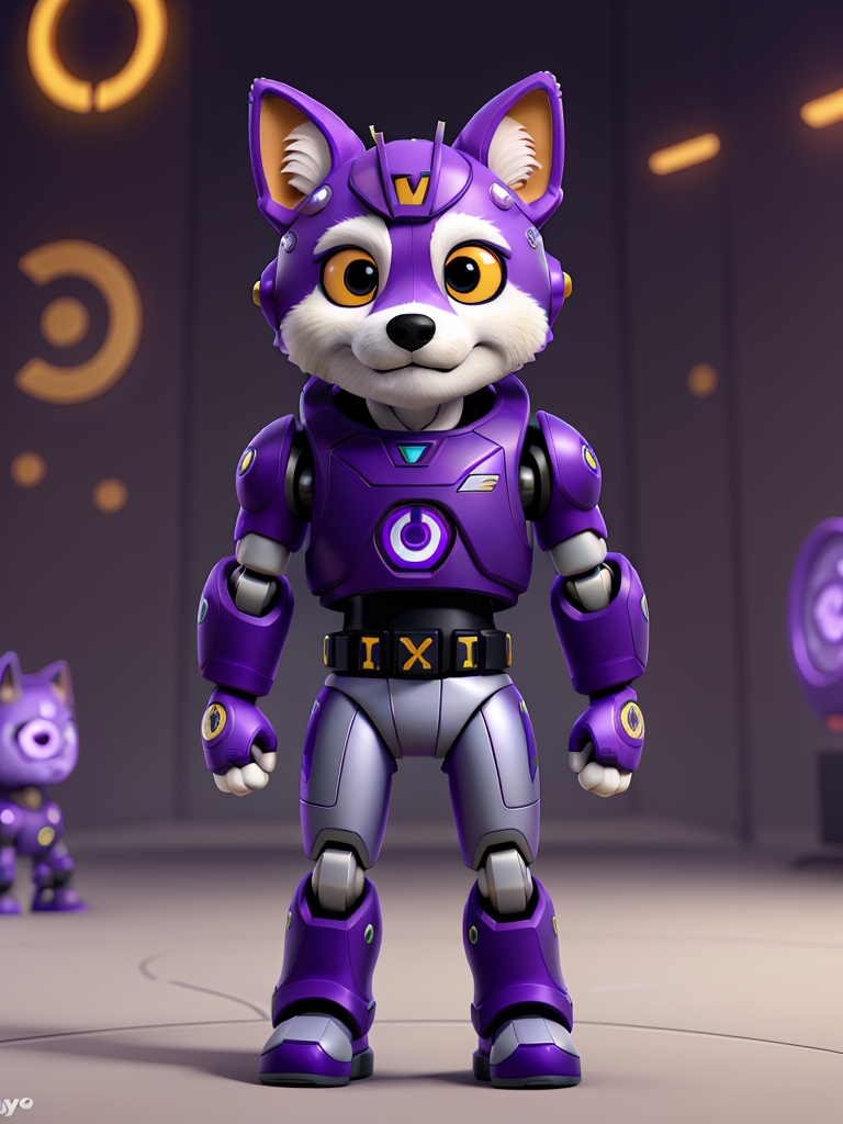 dyefrie's tweet photo. my AI images for @AnyInuCoin 
prompt:
cyborg theme robot shiba inu, ultra detailed purple robotic head, purple fur, full body pose, virtual arena background, robotic uniform, crypto coin mascot "any inu"

Software:
Leonardo AI
> 3D Animation Style
$AI #AI #AIarmy https://t.co/yJrzm9dOCl