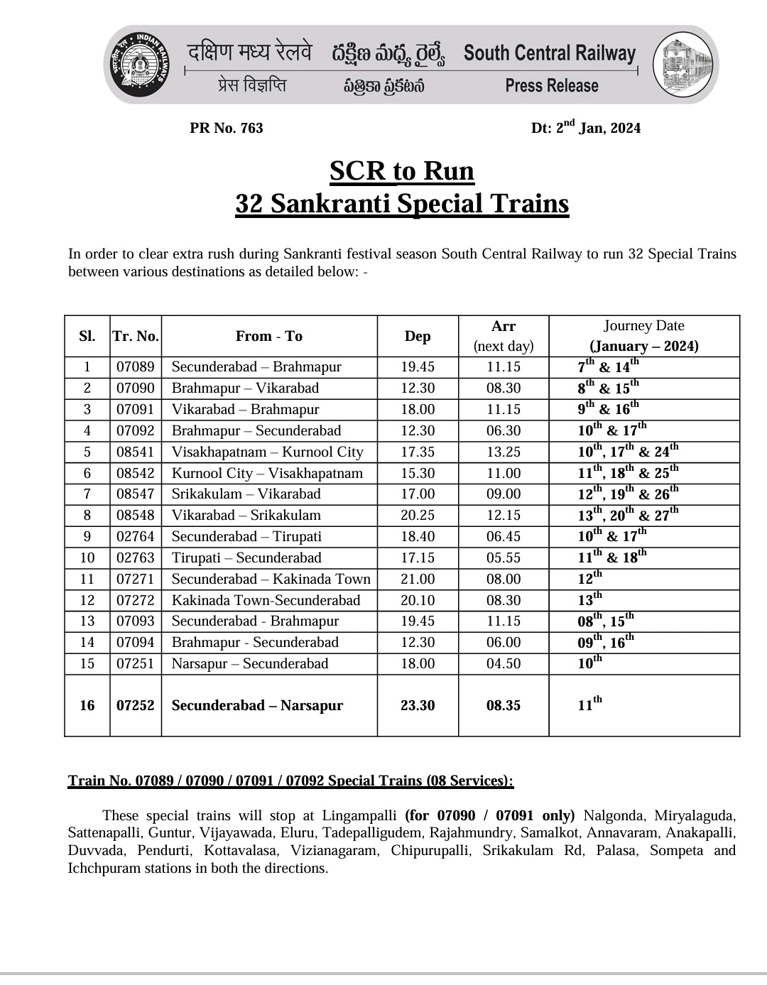 South Central Railway to Run 32 Sankranti Special Train List of