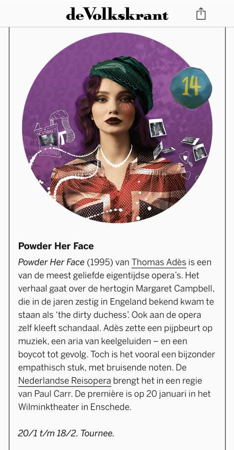 Reisopera's tweet photo. Het staat in de krant dus het klopt 👍 Komt dat zien! Voor het eerst in Nederland te zien, de ‘schandaalopera’ over een vrouw die de dubbele moraal van de Britse jaren ‘60 weerstond. En bleef zwijgen over haar 88 minnaars… https://t.co/exzlrO2210 @Thomas_ades #PowderHerFace https://t.co/6w5auZyPdj