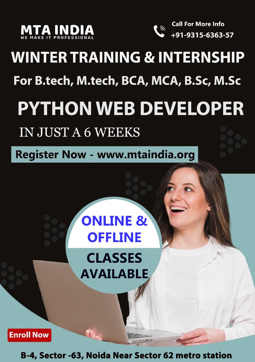 mtaIndia_'s tweet photo. This Winter, Enroll Now for career-making trending IT courses! ❄️✨ We are back with Our Internship Program, where you can learn, train, and get industry-specific experience. 
Apply Now👇
https://t.co/1qVQIvIZiK
 Mobile Number
📲: 9315 63 63 57 / 8375 99 88 40
#winterinternship. https://t.co/PVYlZ7nAye