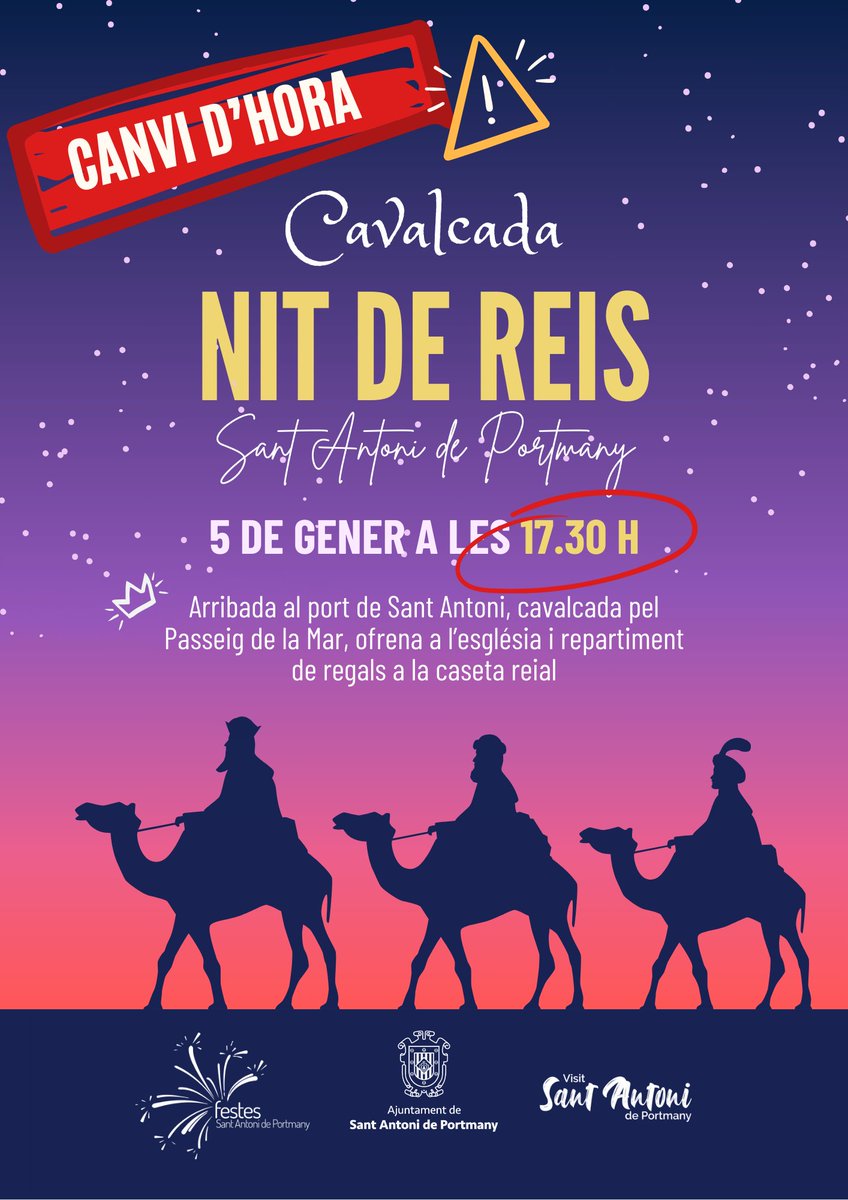 sant_antoni's tweet photo. ⚠️ AVÍS - A causa de la previsió de vent i pluges per aquesta tarda, avançam a les 17.30 hores l'inici de la cavalcada de Reis.

Als pobles, es manté el mateix horari. https://t.co/a8bue7cBIM