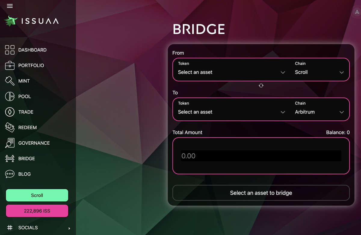 issuaaOfficial's tweet photo. Bridge functionality is now active in the UI. Bridge your ISS freely between 7 different chains. You might want to use this soon as we got something cooking for you... https://t.co/xikM4JSvsK