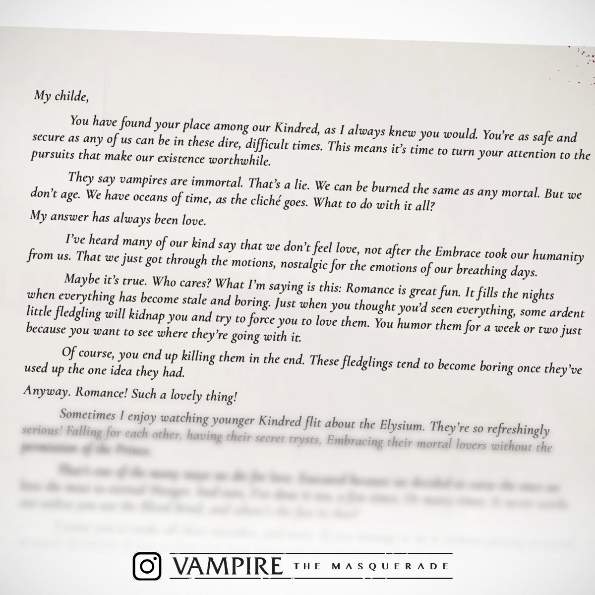 Vampire: The Masquerade - Blood-Stained Love releases this month digitally, and physically in early February! Can you guess who is this letter from?

Receive the PDF early with your physical pre-order🌹

[Page fragment added twice because of alt text length limit] 🦇