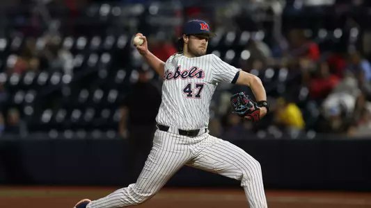 SwayzeCrazies's tweet photo. We continue to count down the days to Ole Miss Baseball.  With 4️⃣2️⃣ days until opening day, we take a look at jersey number 47 Sam Tookoian.  Sam is another long Diamond Reb on the mound standing at 6'5" 240 lb, and he is a sophomore out of Fresno, Cal. where he attended Buchanan High School.  Tookoian is a strong RHP with an extra-large frame with square shoulders.  Sam approaches the rubber from the 1B side before a side step delivery where he stands tall on the backside before an online stride with a high above-the-belt leg kick.  Tookoian uses his strength to deliver a fastball in the low to mid 90s that topped out at 96 mph with running life during Fallball at Swayze (for those folks at home that's a +4 mph gain on his fastball velo since his arrival in Oxford in the summer of '22, and I still think he has a bit more in the tank).  Sam also throws an 11-to-5 curveball with short depth.  Both pitches are made even better by his ability to pound the strikezone.  Took does have an 82 mph changeup that he throws in for good measure to keepthe batter honest.  Sam Tookoian is a strike thrower with a solid feel and the strength to make each and every pitch count.  In his true freshman season, Sam gathered 30.1 innings of invaluable experience and allowed 16 earned runs on 25 hits and a strikeout-to-walk ratio of 44-to-28.  "Took" will be looking to improve those stats by trusting his stuff and continuing to fill up the zone.  Sam worked through some shoulder tendinitis at the end of the fall, but he recovered well by bringing his velo back to a consistent 93-96 mph in late October.  Expect Coach Mike Bianco to rely on Sam Tookoian even more this season than he did in 2023 in long relief that has the potential to take over a midweek starting role.  Tookoian has everything it takes to be a weekend starter as early as the middle to the end of 2024, but the Diamond Rebs pitching staff is very deep this season.  Until the time comes for him to start, Sam will undoubtedly step up and play a major role for the Diamond Rebs down the stretch from the bullpen.