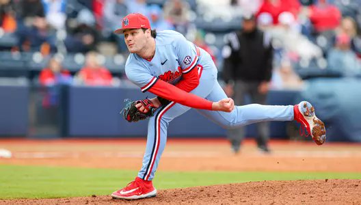 SwayzeCrazies's tweet photo. We continue to count down the days to Ole Miss Baseball.  With 4️⃣2️⃣ days until opening day, we take a look at jersey number 47 Sam Tookoian.  Sam is another long Diamond Reb on the mound standing at 6'5" 240 lb, and he is a sophomore out of Fresno, Cal. where he attended Buchanan High School.  Tookoian is a strong RHP with an extra-large frame with square shoulders.  Sam approaches the rubber from the 1B side before a side step delivery where he stands tall on the backside before an online stride with a high above-the-belt leg kick.  Tookoian uses his strength to deliver a fastball in the low to mid 90s that topped out at 96 mph with running life during Fallball at Swayze (for those folks at home that's a +4 mph gain on his fastball velo since his arrival in Oxford in the summer of '22, and I still think he has a bit more in the tank).  Sam also throws an 11-to-5 curveball with short depth.  Both pitches are made even better by his ability to pound the strikezone.  Took does have an 82 mph changeup that he throws in for good measure to keepthe batter honest.  Sam Tookoian is a strike thrower with a solid feel and the strength to make each and every pitch count.  In his true freshman season, Sam gathered 30.1 innings of invaluable experience and allowed 16 earned runs on 25 hits and a strikeout-to-walk ratio of 44-to-28.  "Took" will be looking to improve those stats by trusting his stuff and continuing to fill up the zone.  Sam worked through some shoulder tendinitis at the end of the fall, but he recovered well by bringing his velo back to a consistent 93-96 mph in late October.  Expect Coach Mike Bianco to rely on Sam Tookoian even more this season than he did in 2023 in long relief that has the potential to take over a midweek starting role.  Tookoian has everything it takes to be a weekend starter as early as the middle to the end of 2024, but the Diamond Rebs pitching staff is very deep this season.  Until the time comes for him to start, Sam will undoubtedly step up and play a major role for the Diamond Rebs down the stretch from the bullpen.