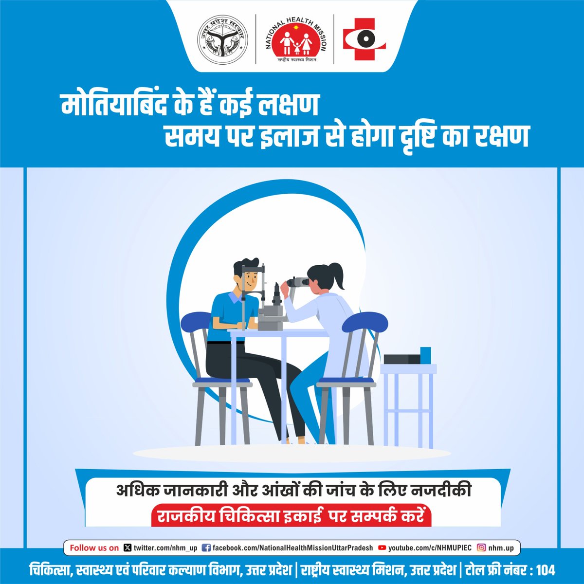 nhm_up's tweet photo. ✅मोतियाबिन्द होने पर देखने की क्षमता में कमी आती है।

✅मोतियाबिन्द अक्सर धीरे-धीरे बढ़ता है और एक या फिर दोनों आंखों को प्रभावित कर सकता है।

✅मोतियाबिन्द होन�� पर धुंधला दिखाई देना, प्रकाश के चारो ओर रौशनी दिखना, चमकदार रौशनी देखने में दिक्कत होना जैसी परेशानी होती है।

✅मोतियाबिन्द के जाँच और ऑपरेशन की सेवाएं चिन्हित राजकीय चिकित्सा इकाईयों पर निःशुल्क उपलब्ध है।