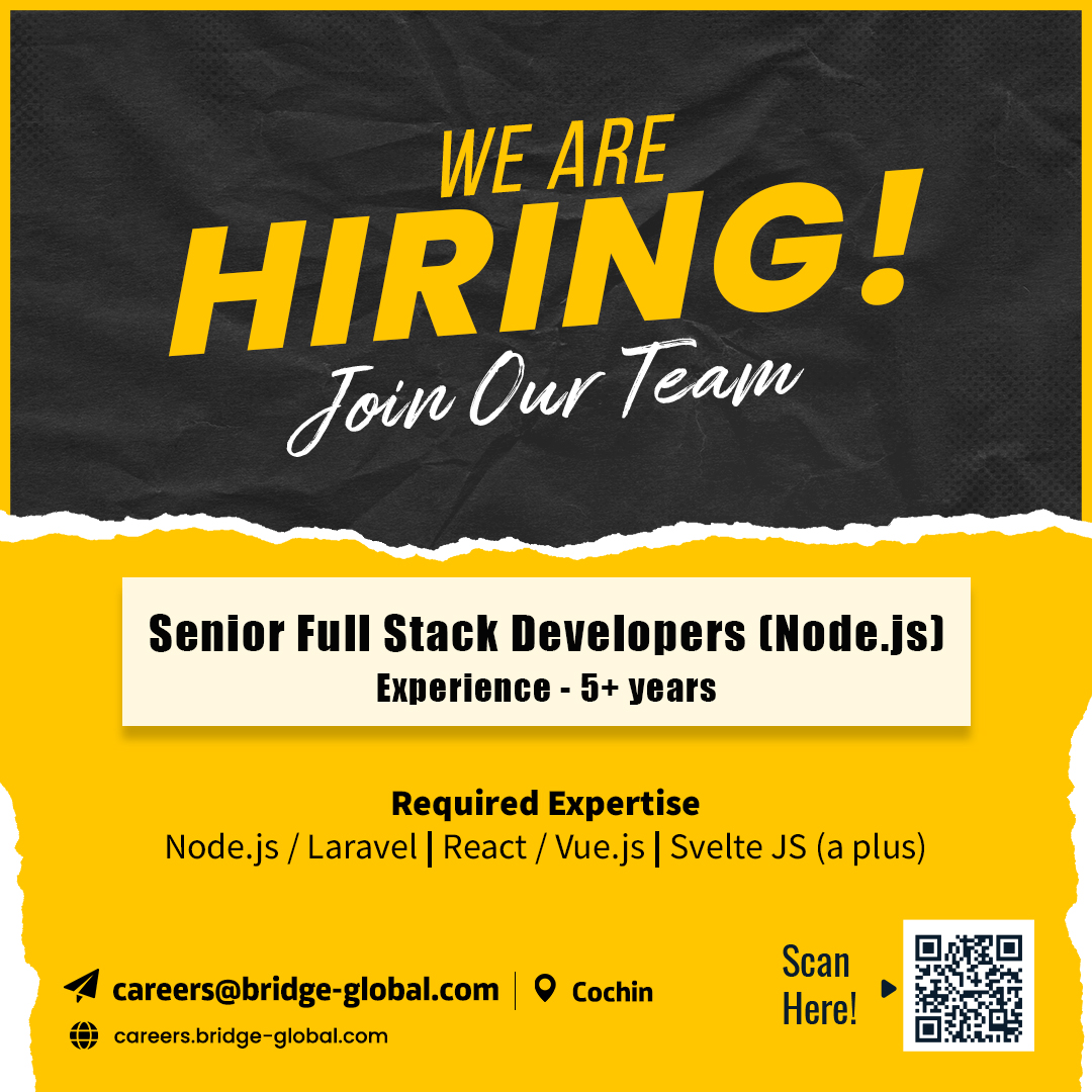 Bridge_Tweed's tweet image. Are you a Full Stack Developer with 5+ years of experience in Node.js, React, or Vue.js? Apply now at careers.bridge-global.com or send your CV to careers@bridge-global.com!
#HiringNow  #UrgentHiring  #seniorfullstackdeveloper #fullstackdeveloper #nodejs #nodejsdeveloper #laravel