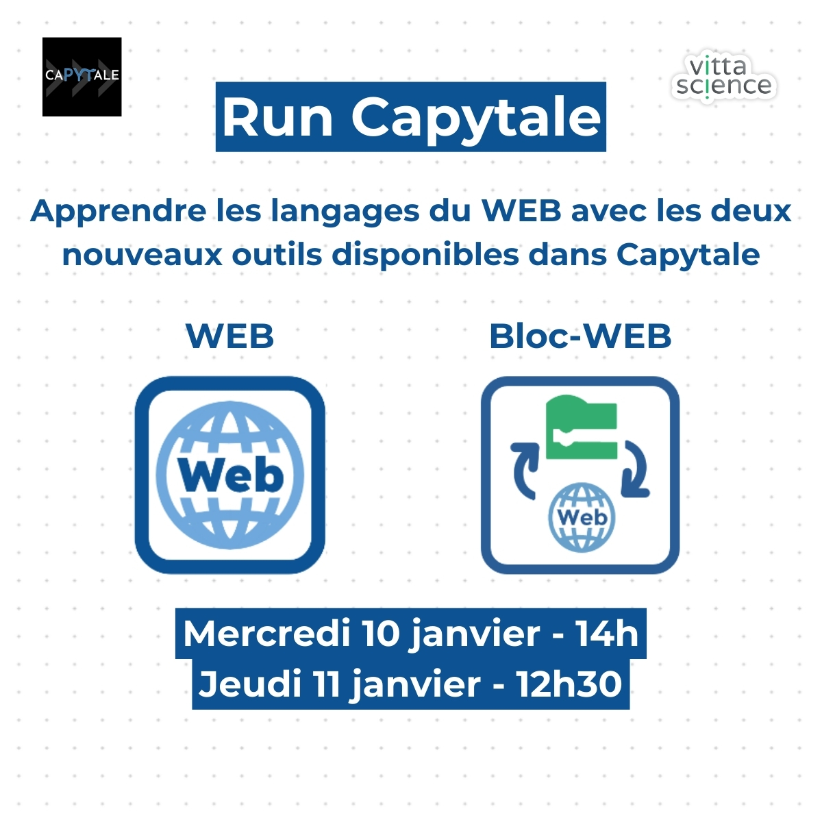 Mercredi 10 janvier à 14h et Jeudi 11 janvier à 12h30, retrouvez les premiers RUN <a href="/CapytaleFr/">Capytale.fr</a> (webinaires organisés par <a href="/Academie_Paris/">Académie de Paris</a> et accessibles à tous les enseignants au niveau national) de l'année ! 👀

Vous souhaitez créer des activités sur les langages du Web à