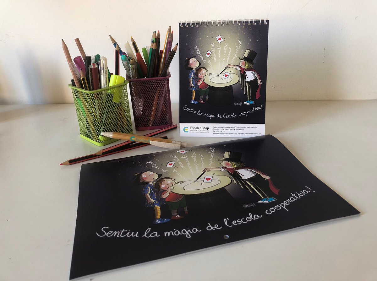 Nou any i nou calendari d'#EscolesCoop!
📥 Ja ens ha arribat en format de taula i de paret, per gaudir-lo durant dotze mesos.
📆 Cada mes una frase que apel·la al sentiment essencial de l'escola cooperativa.
🎨 Il·lustrat per <a href="/CalafellRoser/">Roser Calafell</a>. 
🌟 Té molta màgia!