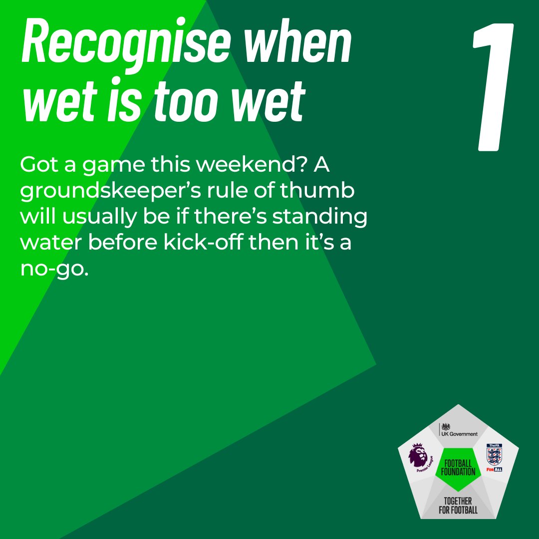 FootballFoundtn's tweet photo. 🚨 After heavy downpours this week, here's some tips on dealing with your grass pitches in wet and waterlogged conditions.

Access further grass pitch guidance and @thegma_ advice by joining our free Online Groundskeeping Community 👇