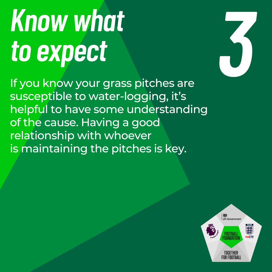 FootballFoundtn's tweet photo. 🚨 After heavy downpours this week, here's some tips on dealing with your grass pitches in wet and waterlogged conditions.

Access further grass pitch guidance and @thegma_ advice by joining our free Online Groundskeeping Community 👇