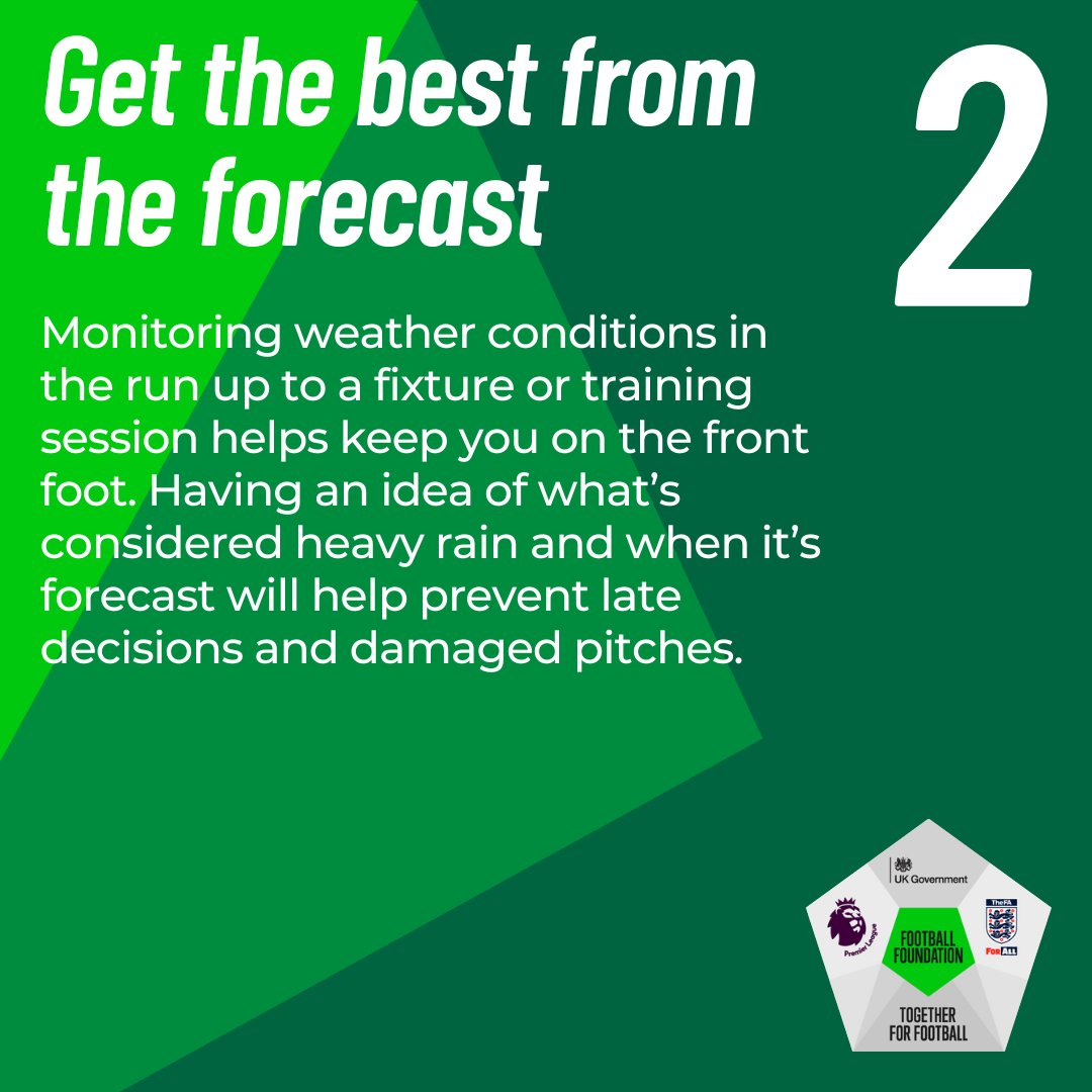 FootballFoundtn's tweet photo. 🚨 After heavy downpours this week, here's some tips on dealing with your grass pitches in wet and waterlogged conditions.

Access further grass pitch guidance and @thegma_ advice by joining our free Online Groundskeeping Community 👇
