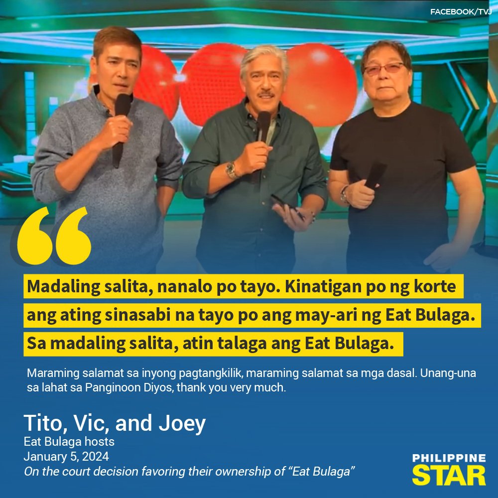 PhilippineStar's tweet photo. 'ATIN TALAGA ANG EAT BULAGA'

"Eat Bulaga" mainstay hosts Tito Sen, Vic Sotto, and Joey de Leon announced on Friday that the court favored them in ownership of the trademarks “EB,” “Eat Bulaga,” and the noontime show’s jingles. https://t.co/eeH1asxk0G